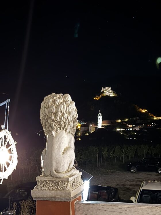 Steinerne Löwenfigur auf dem Terrassenpfeiler bei Nacht, dahinter die angestrahlte Ruine und der Turm der Stiftskirche Dürnstein
